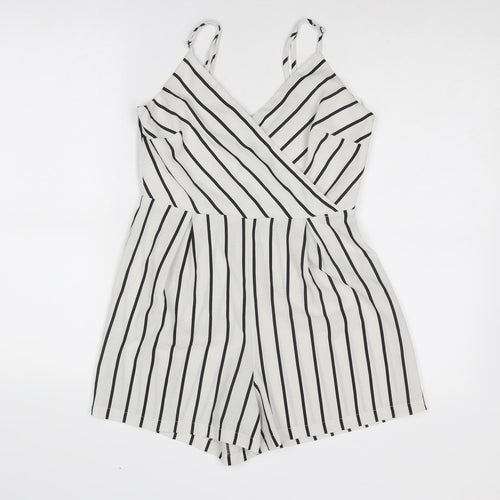 New Look Womens White Striped Polyester Playsuit One-Piece Size 8 Zip - Wrap Front Detail