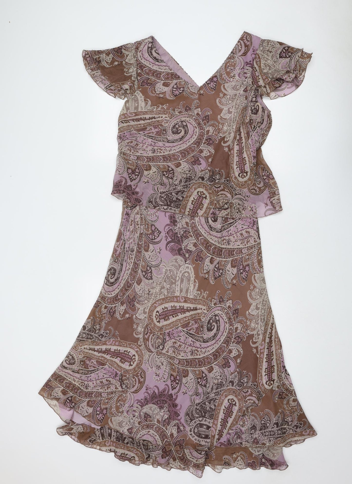 CC Womens Multicoloured Paisley Silk Fit & Flare Size 12 V-Neck Pullover