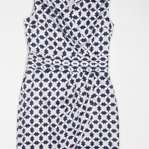 H&M Womens Blue Geometric Polyester Shift Size 6 V-Neck Zip