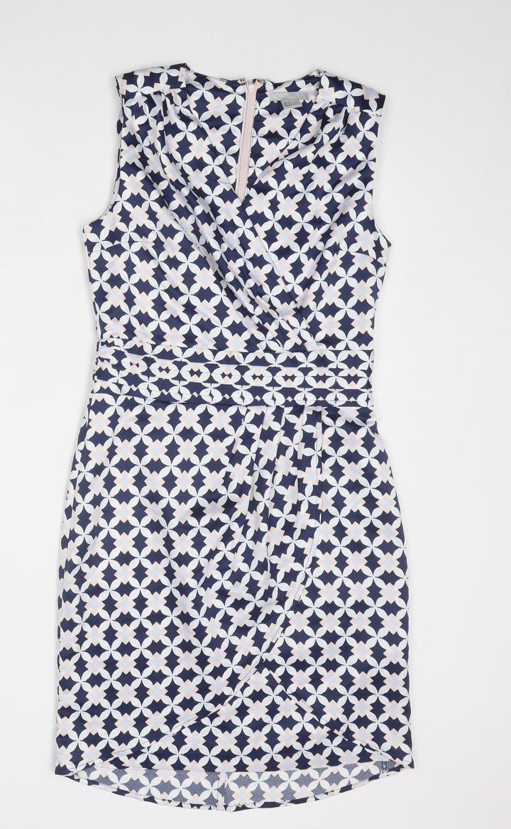H&M Womens Blue Geometric Polyester Shift Size 6 V-Neck Zip