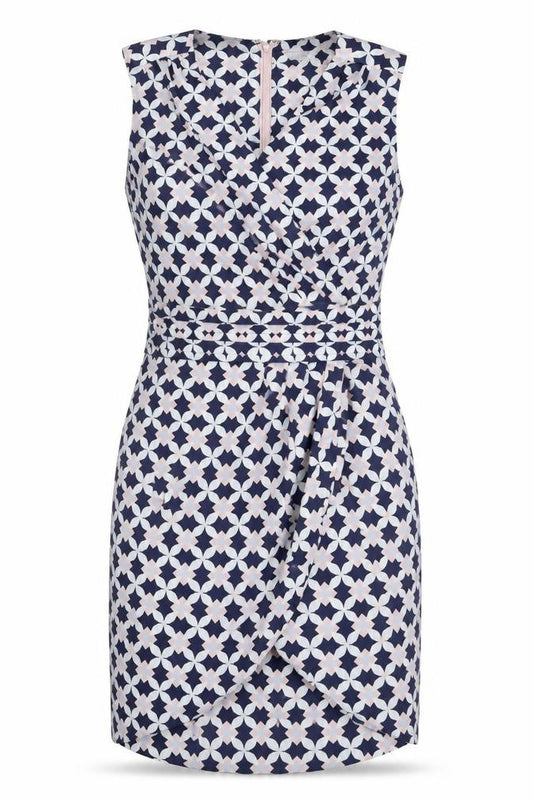 Front view of H&M women’s blue geometric polyester shift, size UK 6, v-neck zip