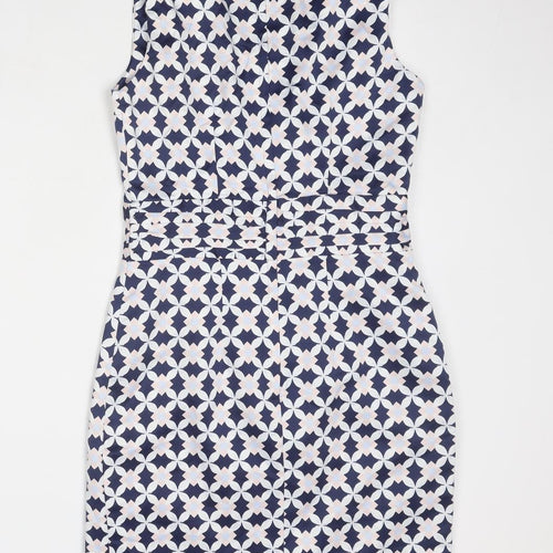 H&M Womens Blue Geometric Polyester Shift Size 6 V-Neck Zip