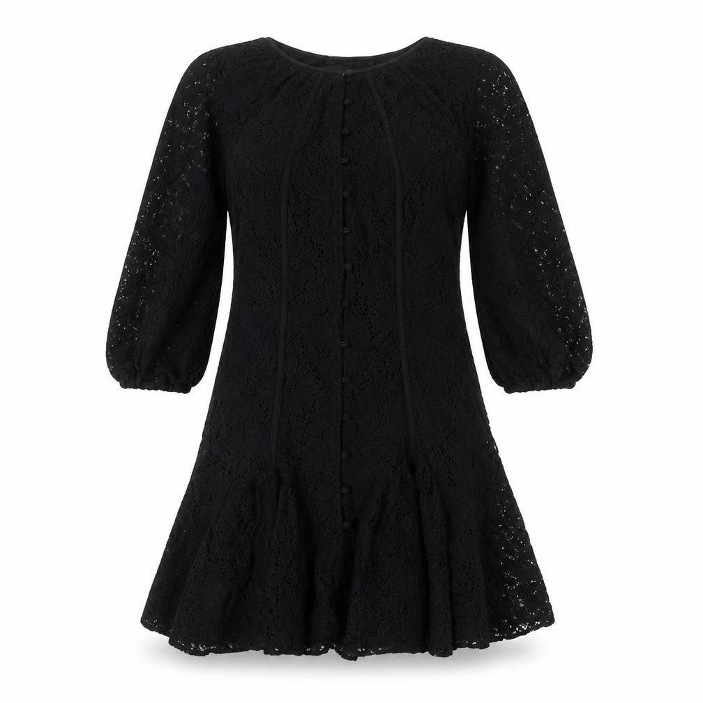 Front view of ASOS women’s black nylon a-line, size UK 8, round neck button