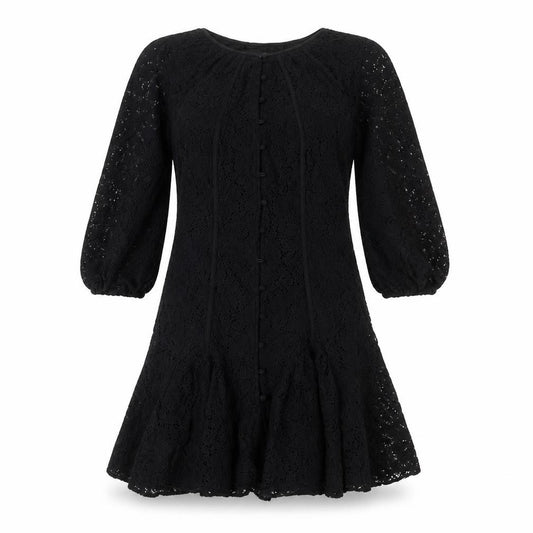 Front view of ASOS women’s black nylon a-line, size UK 8, round neck button