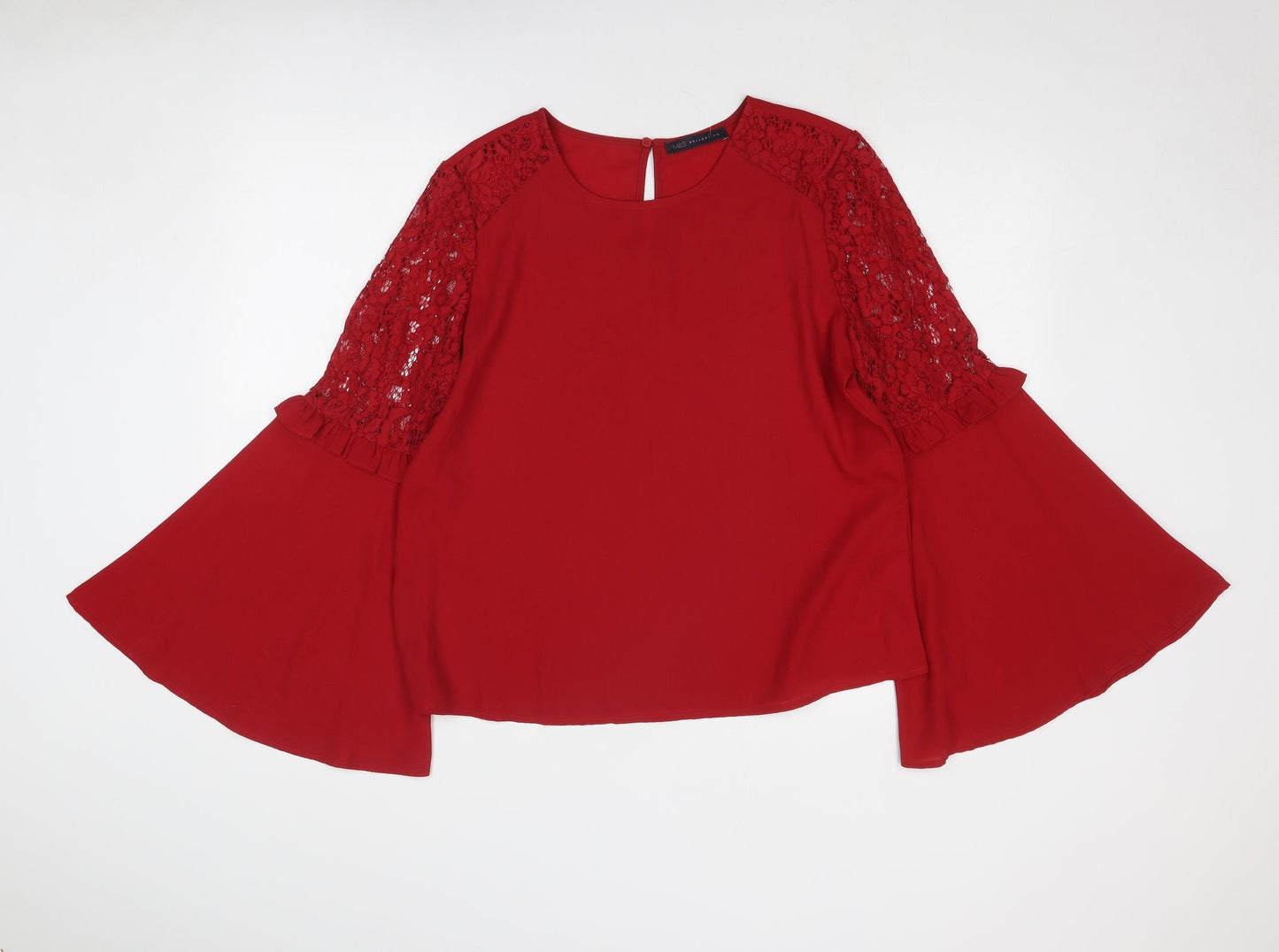 Marks and Spencer Womens Red Polyester Basic Blouse Size 14 Boat Neck - Wide Sleeve