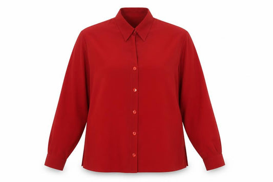 Front view of Bonmarché women’s red polyester basic button-up, size UK 14, collared