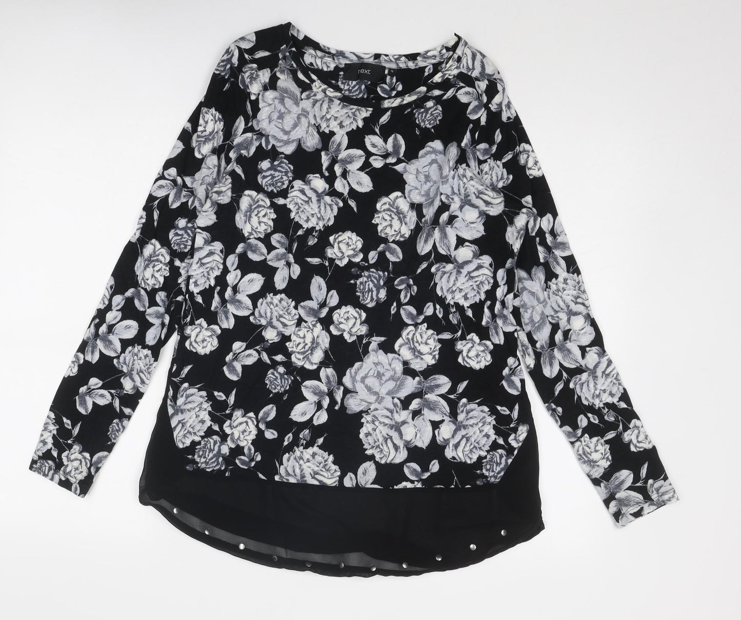 NEXT Womens Black Floral Cotton Basic Blouse Size 12 Round Neck