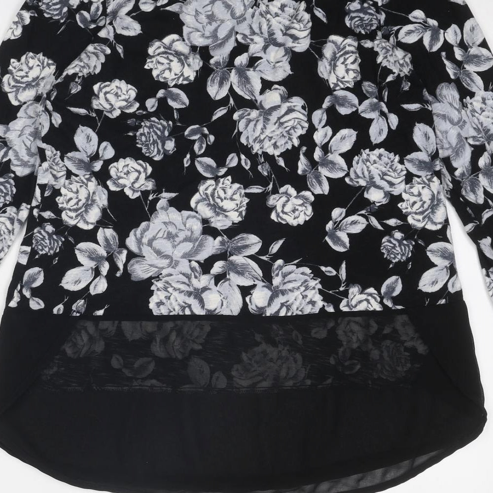 NEXT Womens Black Floral Cotton Basic Blouse Size 12 Round Neck