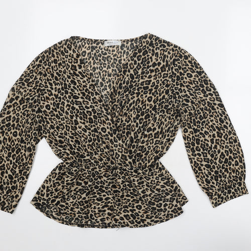 Mira & Co Womens Beige Animal Print Polyester Basic Blouse Size L V-Neck - Leopard Print