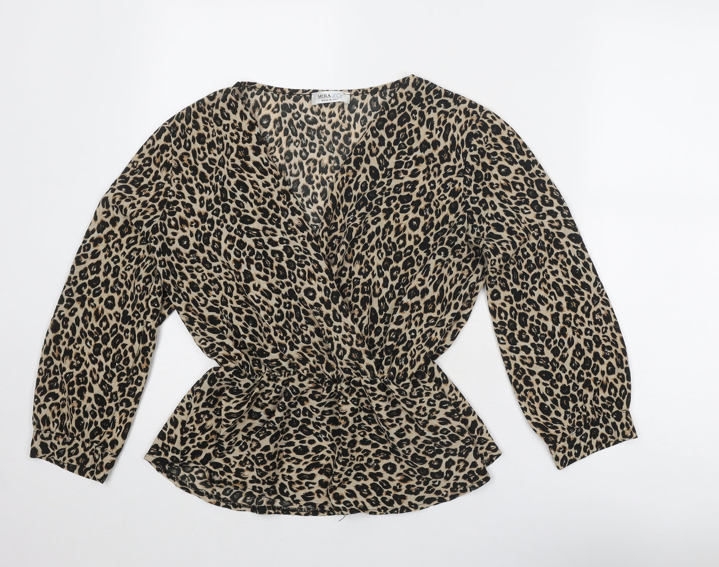Mira & Co Womens Beige Animal Print Polyester Basic Blouse Size L V-Neck - Leopard Print