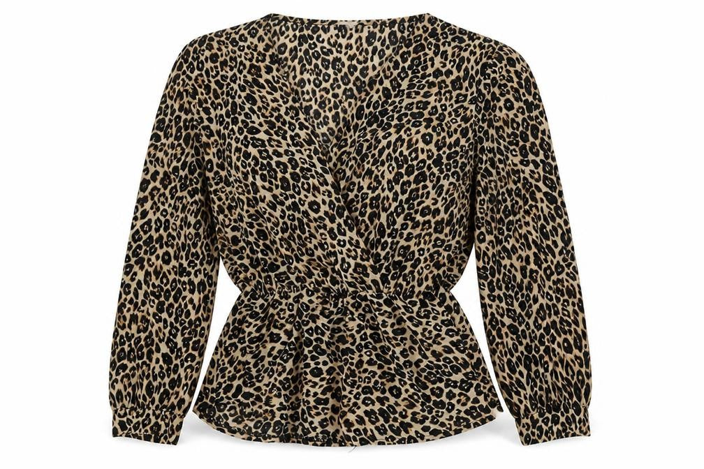 Front view of Mira & Co women’s beige animal print polyester basic blouse, size L, v-neck - leopard print