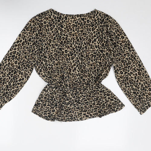 Mira & Co Womens Beige Animal Print Polyester Basic Blouse Size L V-Neck - Leopard Print