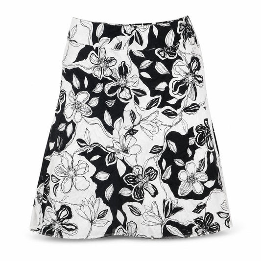 Front view of Marks & Spencer women’s white floral linen swing skirt, size UK 12, button
