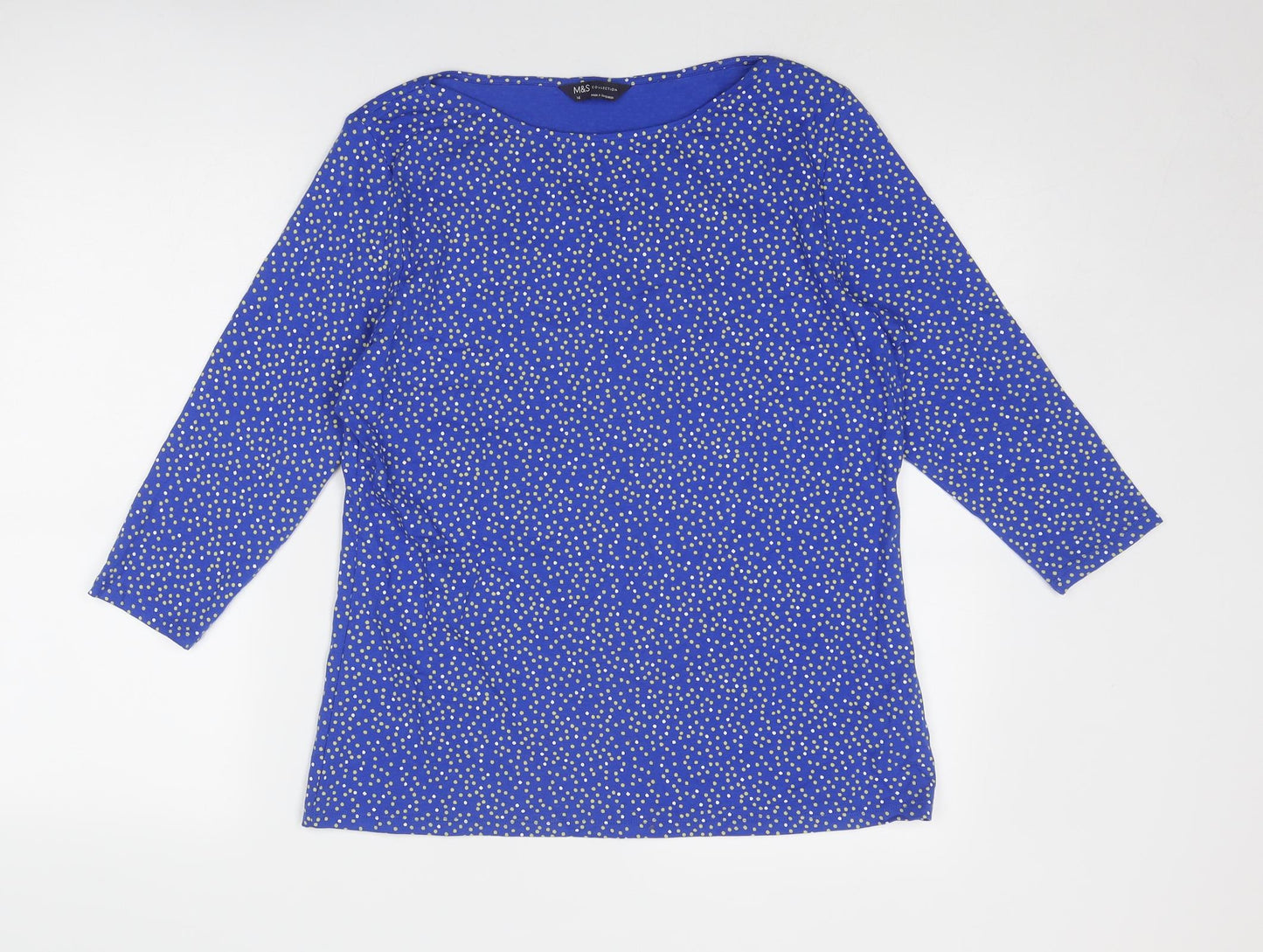 Marks and Spencer Womens Blue Polka Dot Cotton Basic Blouse Size 16 Round Neck