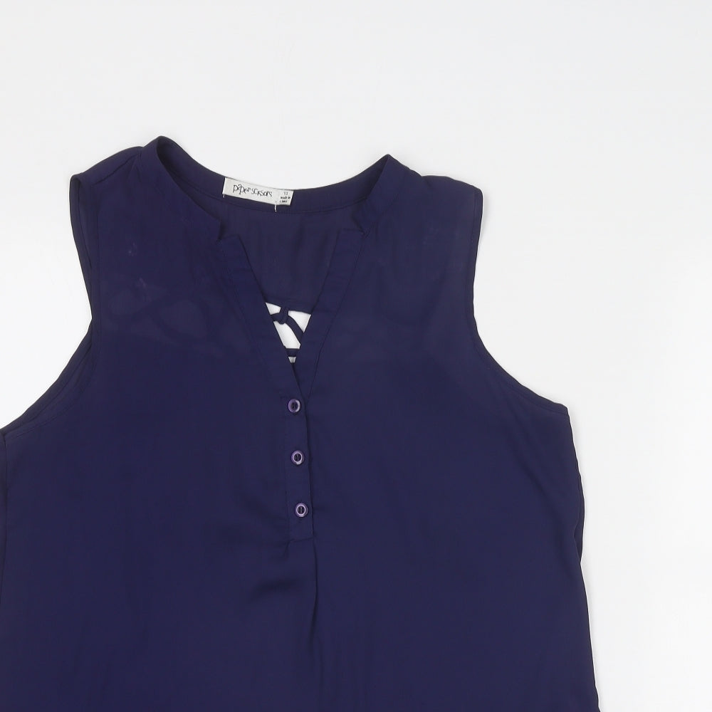Paper Scissors Womens Blue Polyester Basic Tank Size 10 V-Neck