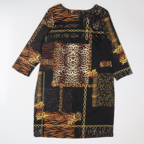 Roman Womens Black Geometric Polyester A-Line Size 14 Round Neck Button
