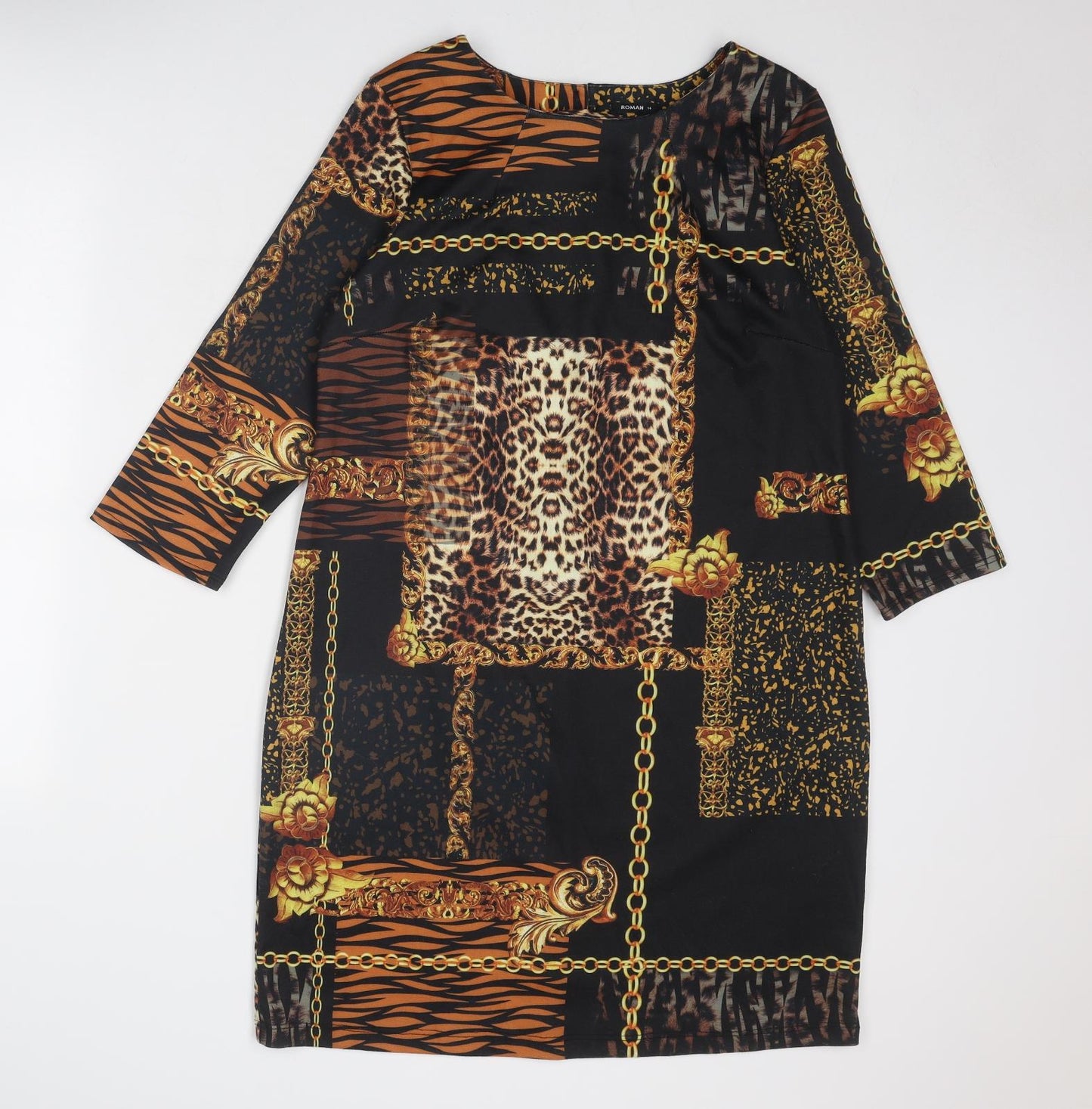Roman Womens Black Geometric Polyester A-Line Size 14 Round Neck Button