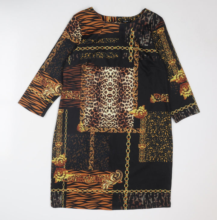 Roman Womens Black Geometric Polyester A-Line Size 14 Round Neck Button
