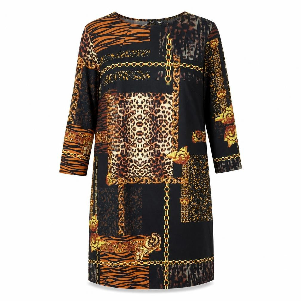 Front view of Roman women’s black geometric polyester a-line, size UK 14, round neck button