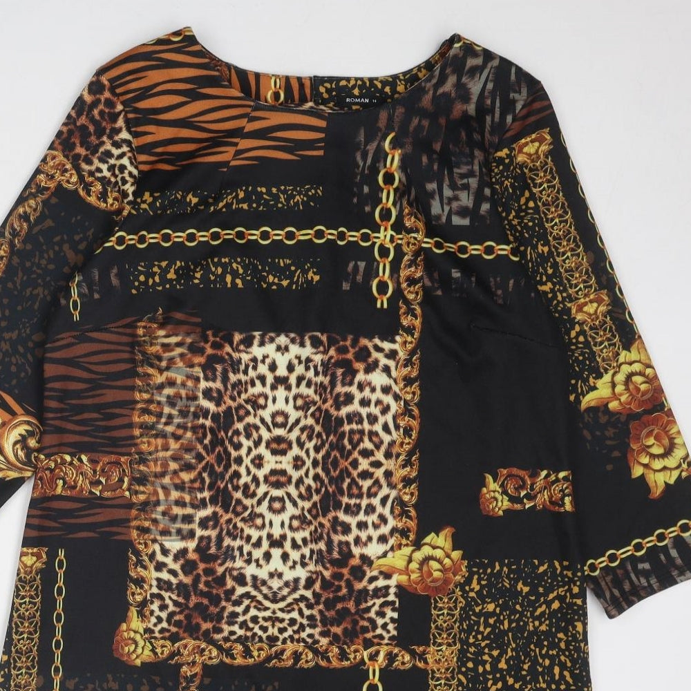 Roman Womens Black Geometric Polyester A-Line Size 14 Round Neck Button
