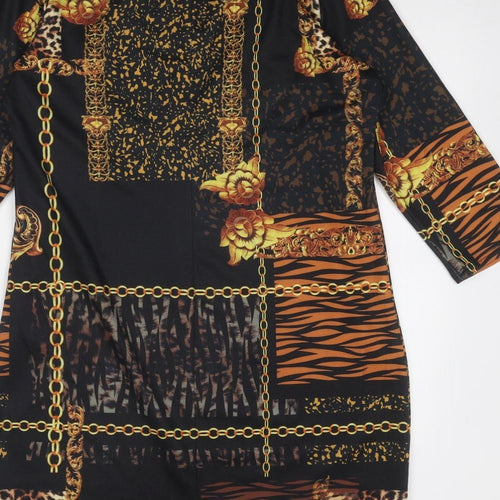 Roman Womens Black Geometric Polyester A-Line Size 14 Round Neck Button