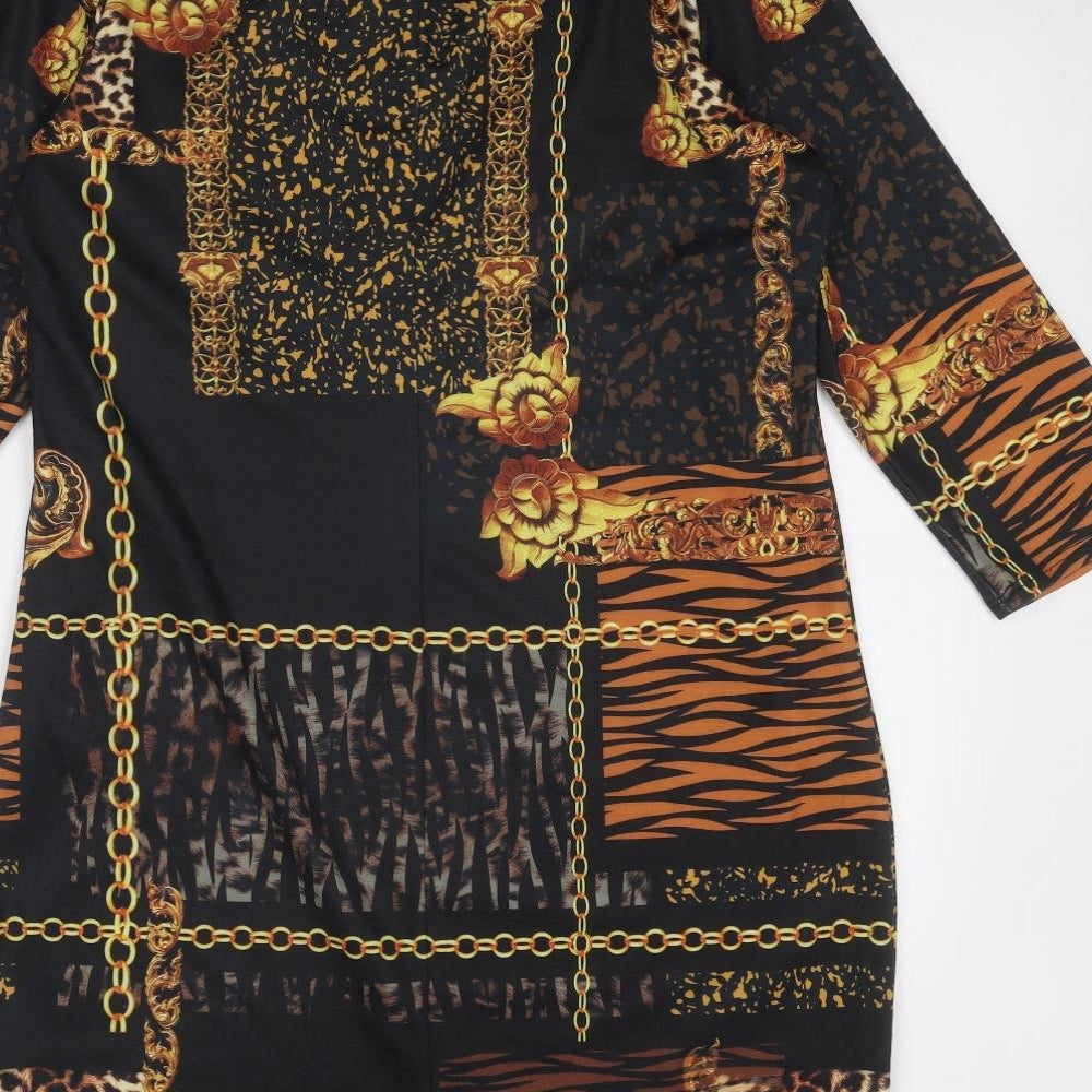 Roman Womens Black Geometric Polyester A-Line Size 14 Round Neck Button