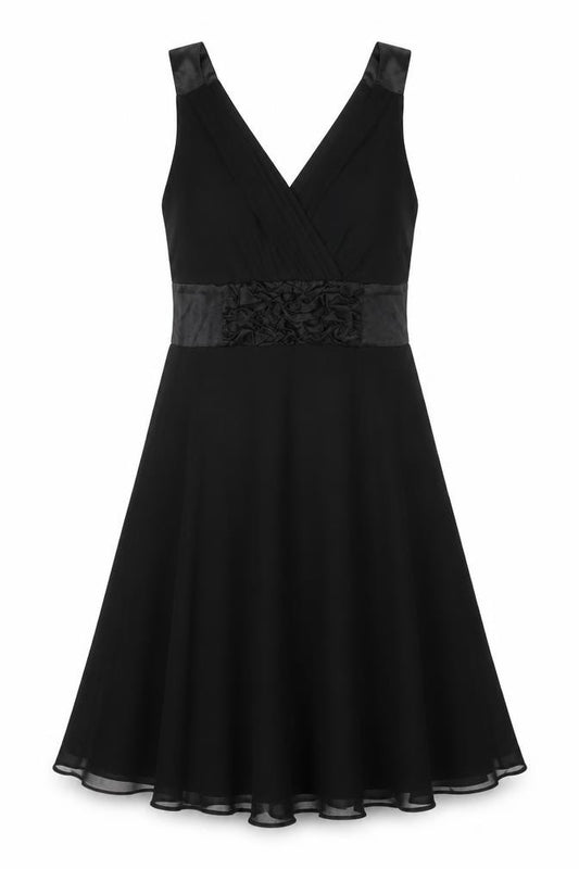 Front view of Stax women’s black polyester a-line, size UK 12, v-neck zip