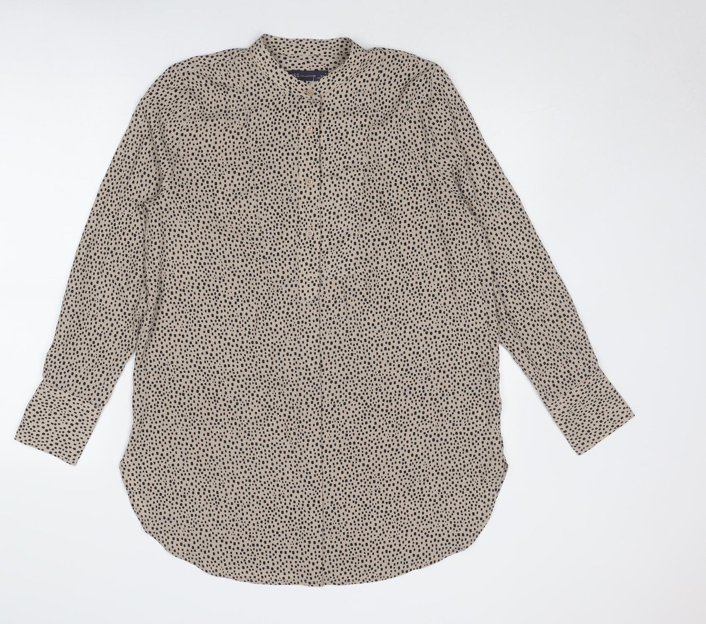 Marks and Spencer Womens Beige Geometric Polyester Basic Button-Up Size 10 V-Neck