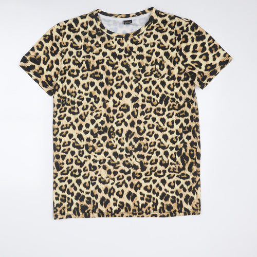Funny World Womens Beige Animal Print Polyester Basic T-Shirt Size XL Round Neck - Leopard Print