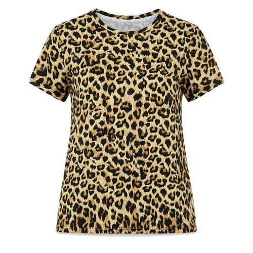 Funny World Womens Beige Animal Print Polyester Basic T-Shirt Size XL Round Neck - Leopard Print