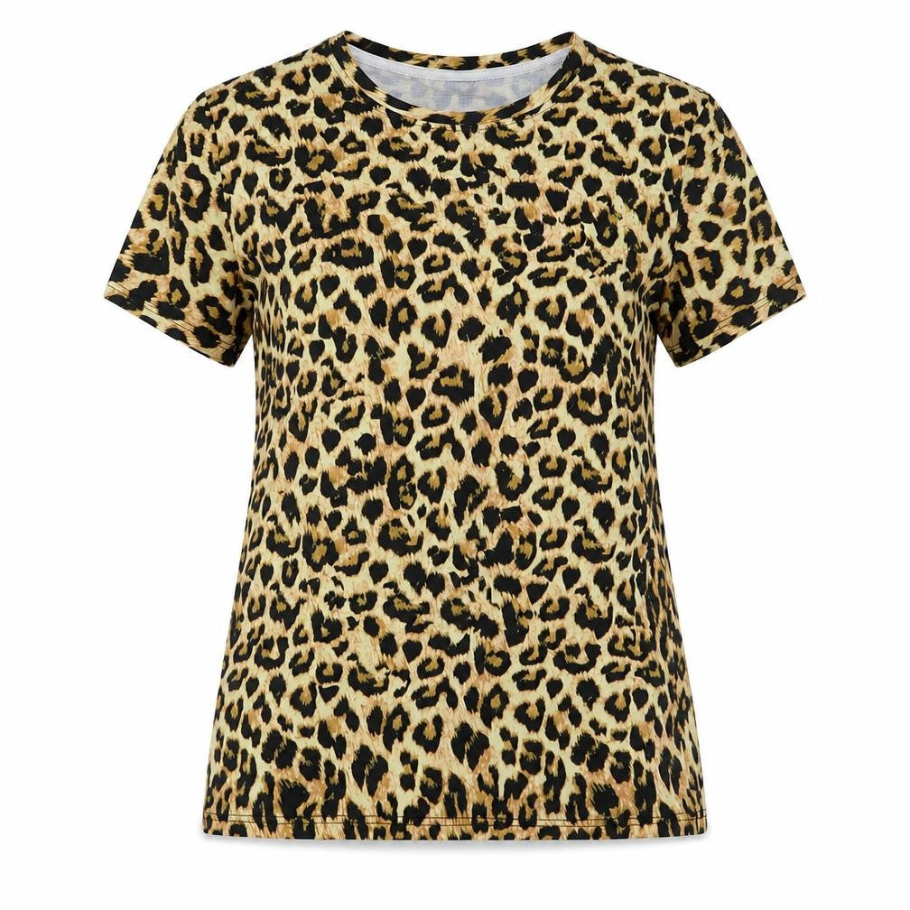 Funny World Womens Beige Animal Print Polyester Basic T-Shirt Size XL Round Neck - Leopard Print