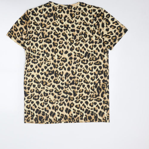 Funny World Womens Beige Animal Print Polyester Basic T-Shirt Size XL Round Neck - Leopard Print