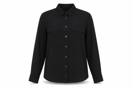 Front view of Warehouse women’s black polyester basic button-up, size UK 8, collared