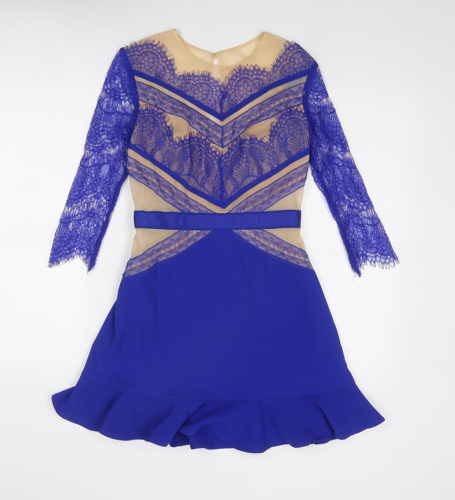 Three Floor Womens Blue Colourblock Polyamide Skater Dress Size 8 Round Neck Zip
