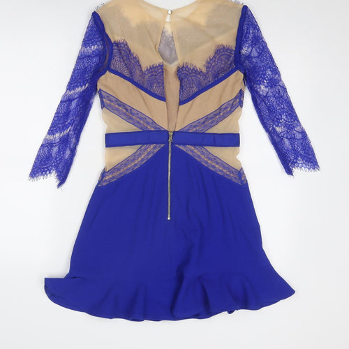 Three Floor Womens Blue Colourblock Polyamide Skater Dress Size 8 Round Neck Zip