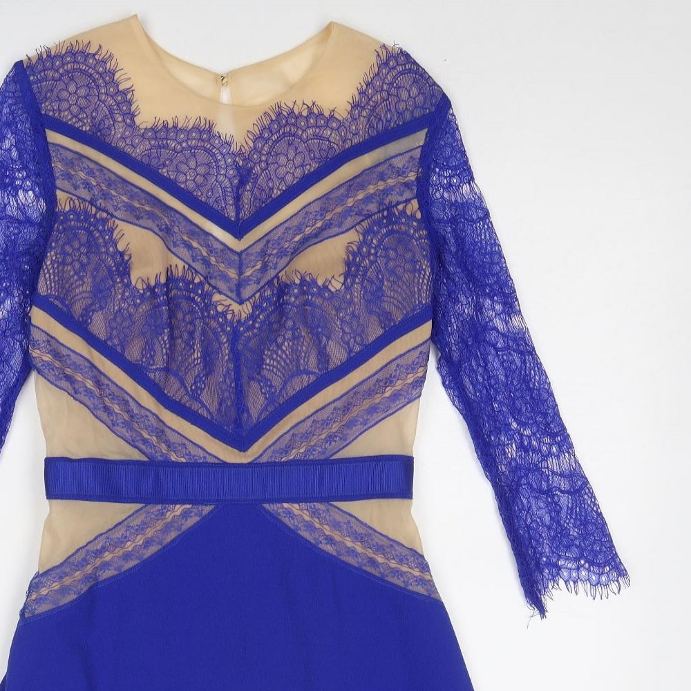 Three Floor Womens Blue Colourblock Polyamide Skater Dress Size 8 Round Neck Zip