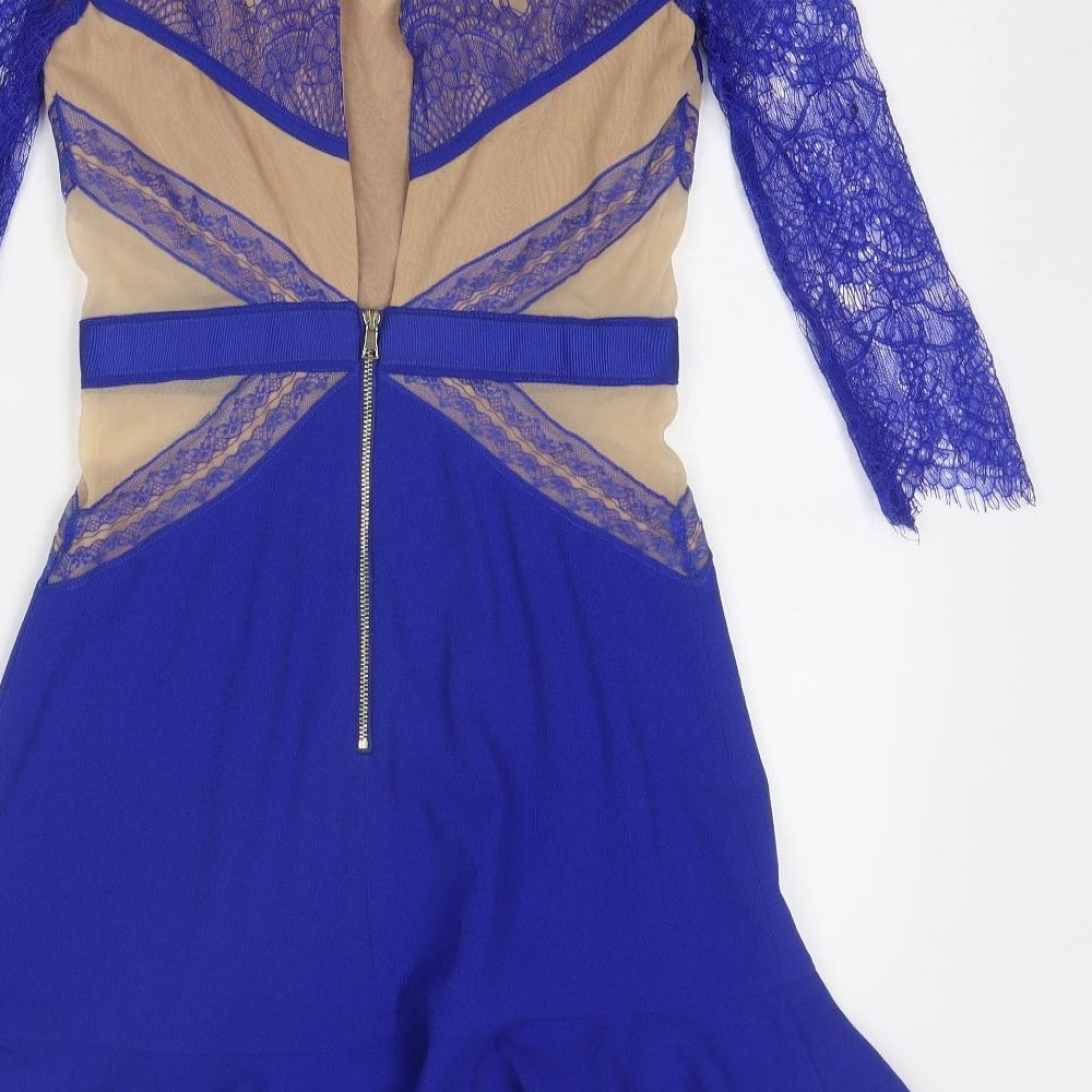 Three Floor Womens Blue Colourblock Polyamide Skater Dress Size 8 Round Neck Zip