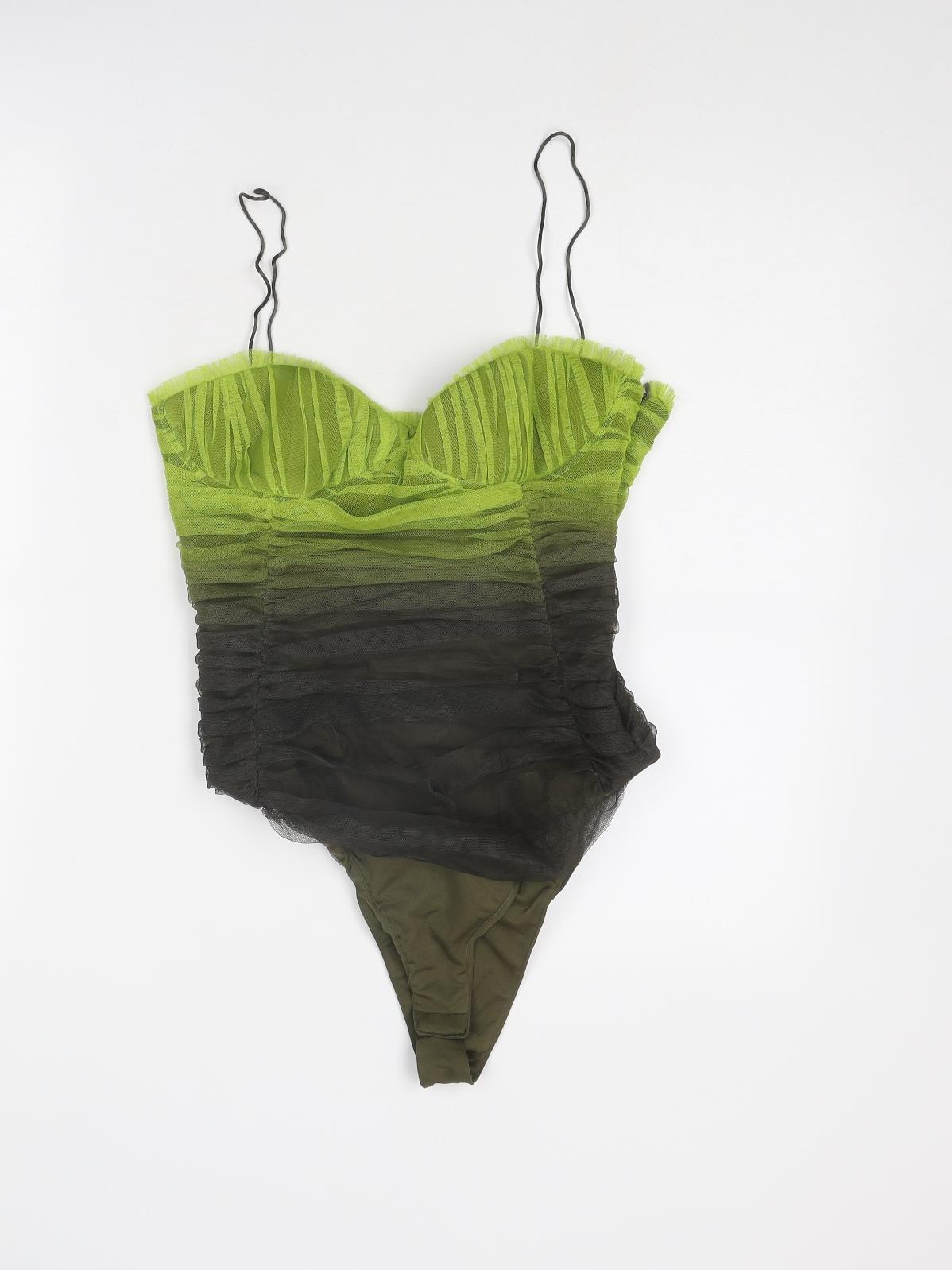 Zara Womens Green Polyester Bodysuit One-Piece Size M Zip - Ruched