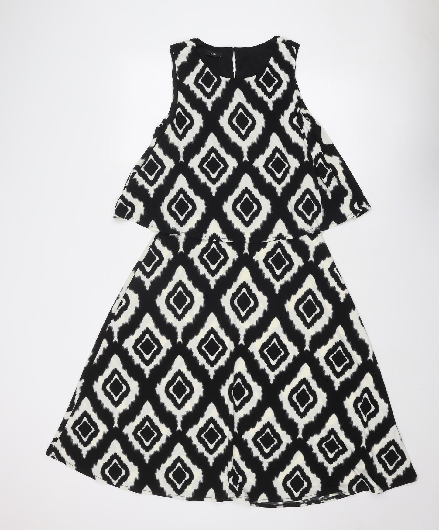 M&Co Womens Black Geometric Polyester Trapeze & Swing Size 12 Round Neck Button