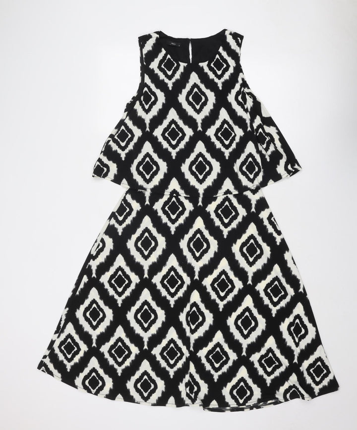 M&Co Womens Black Geometric Polyester Trapeze & Swing Size 12 Round Neck Button