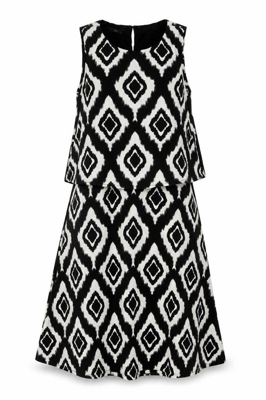 Front view of M&Co women’s black geometric polyester trapeze & swing, size UK 12, round neck button