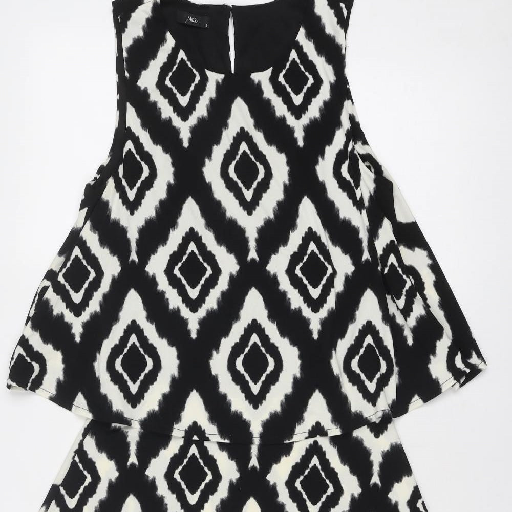 M&Co Womens Black Geometric Polyester Trapeze & Swing Size 12 Round Neck Button
