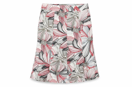 Front view of Per Se women’s multicoloured floral linen swing skirt, size UK 14, zip