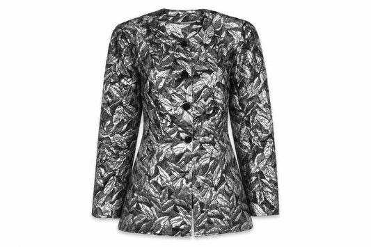 Front view of Principles women’s silver geometric jacket, size UK 12, button