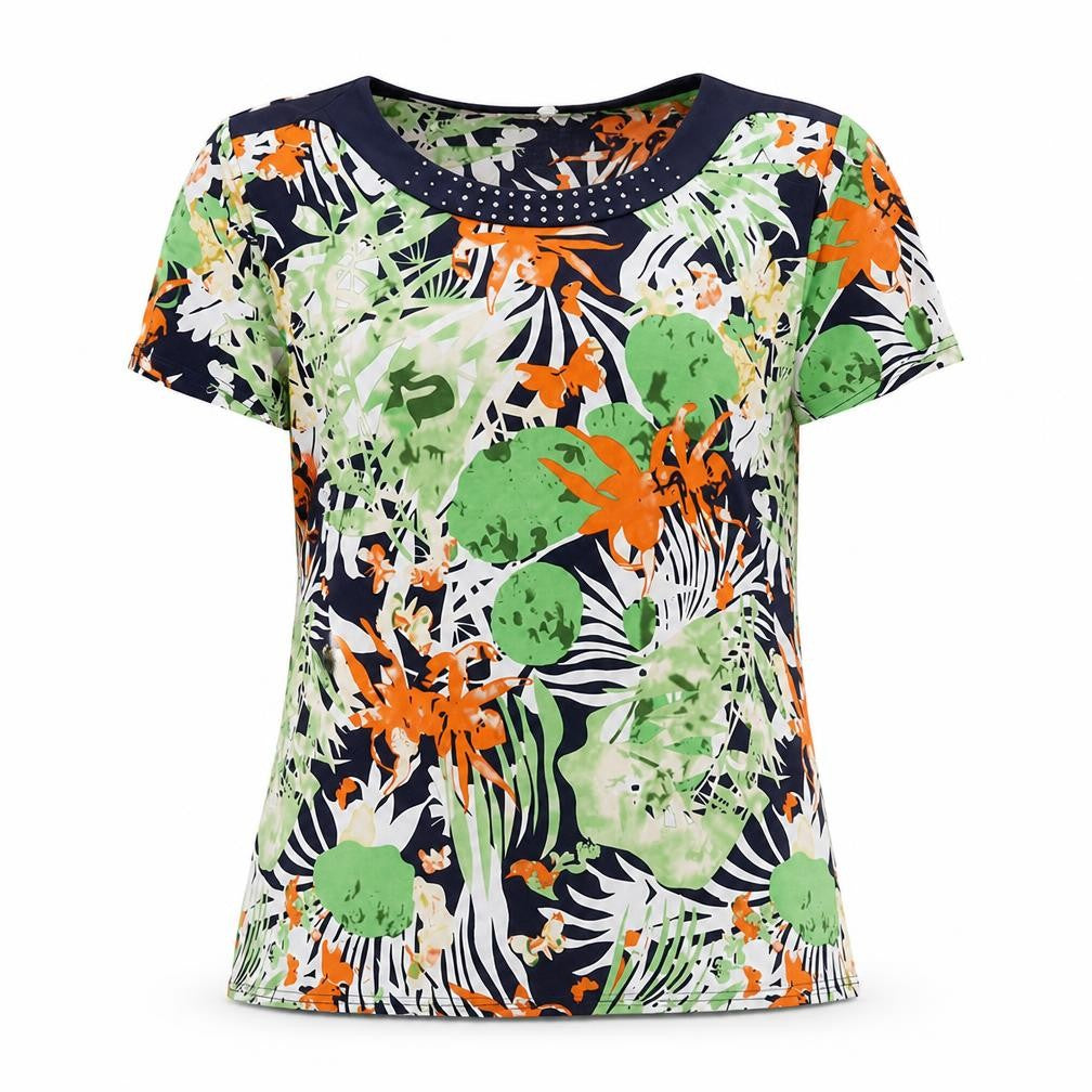 Anna Rose Womens Multicoloured Geometric Polyester Basic T-Shirt Size XL Round Neck