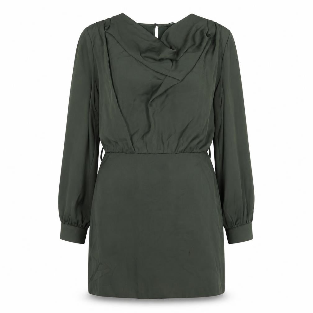 Front view of Zara women’s green polyester a-line, size L, cowl neck zip
