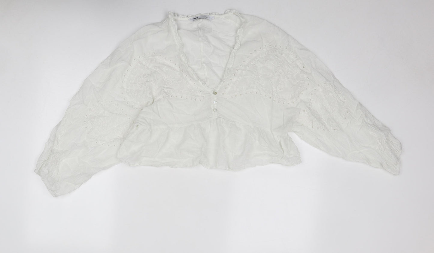 Zara Womens White Polyester Basic Blouse Size L V-Neck - Broderie Anglaise