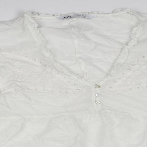 Zara Womens White Polyester Basic Blouse Size L V-Neck - Broderie Anglaise