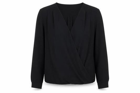 Front view of H&M women’s black polyester basic blouse, size UK 12, round neck