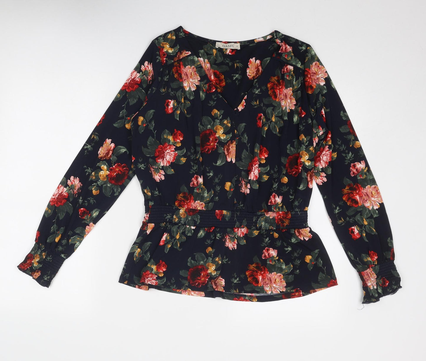 Oasis Womens Blue Floral Polyester Basic Blouse Size M V-Neck